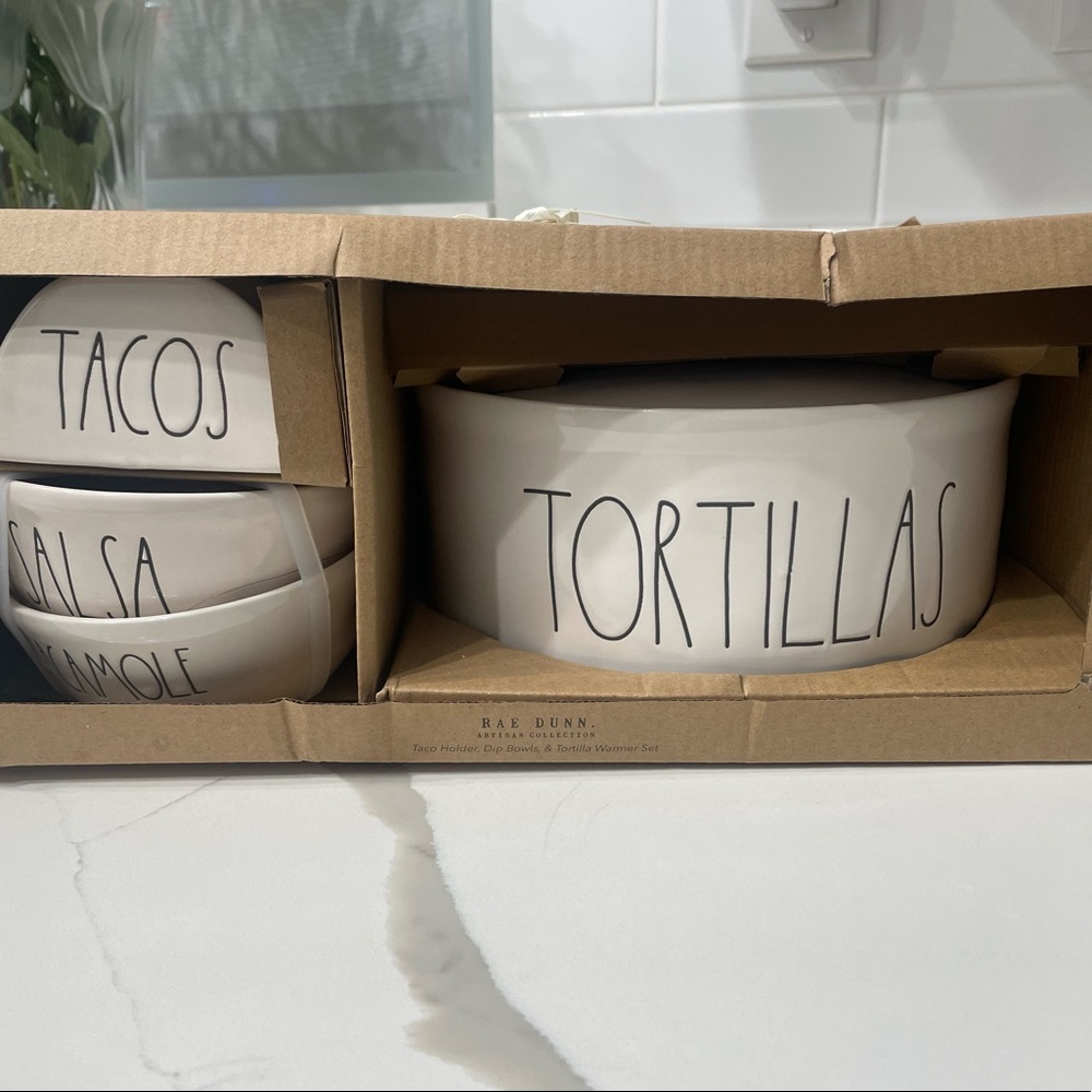 Rae Dunn Taco Set Tacos, Salsa, Guacamole, Tortillas Warmer Set.